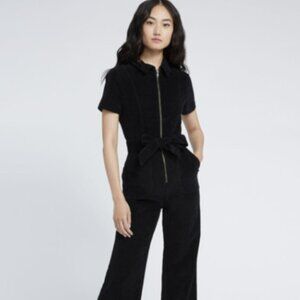 Alice and Olivia Jeans Black Belted Corduroy Jumpsuit Wide Leg Zip Front Sz 30